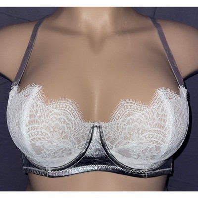 34DD VICTORIA'S SECRET DREAM ANGELS SILVER & WHITE LACE BALCONETTE BRA