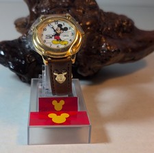 Lorus Disney Mickey Mouse Gold Tone Watch Brown Leather Strap