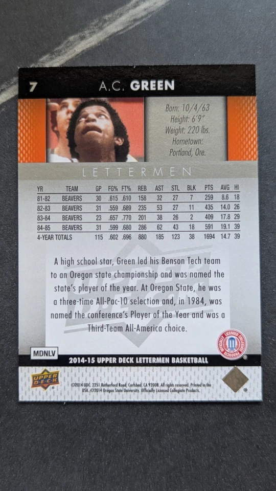 2014-15 UD Lettermen Basketball Blue #7 AC Green OSU /249 - Image 3 of 3