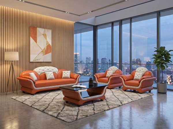 Modern Wohnzimmer Set 3-Sitzer Sofa 2X Sessel Couchtisch Orange Weiß-image