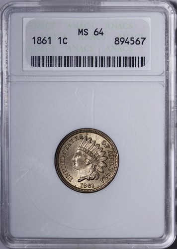 BU 1861 Indian Head Cent Penny ANACS Soap Box MS64 Super Tough Grade ...