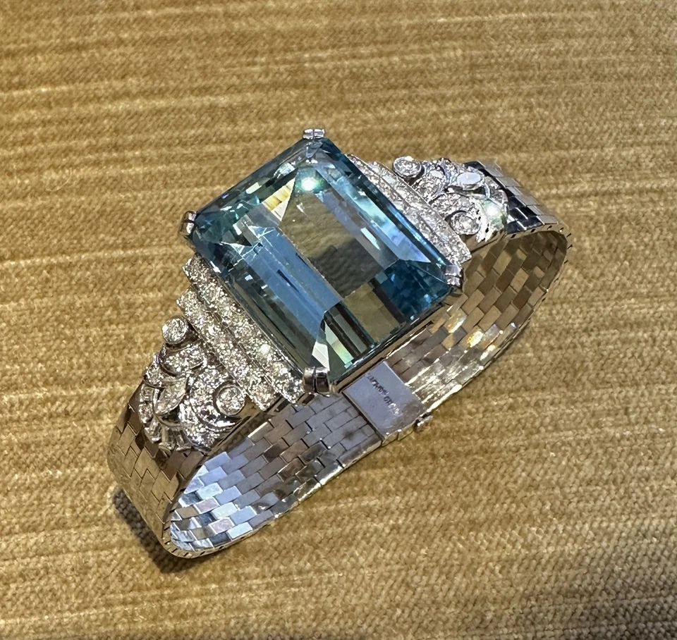 Brazalete vintage de diamantes y aguamarina GIA 38,10 quilates en platino/oro - HM2490KEB