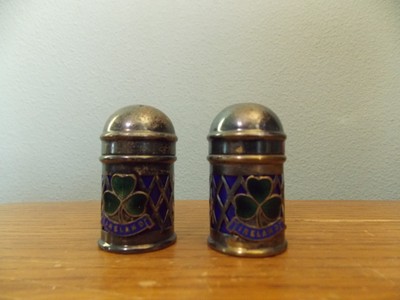 Vtg Ireland Enamel Shamrock Silver Plate Salt Pepper Shaker Blue Insert Lattice