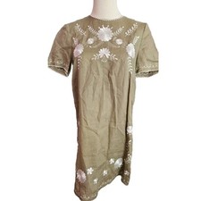 ZARA Gorgeous Neutral Beige 100% Linen Embroidered Midi Sheath Floral Dress S