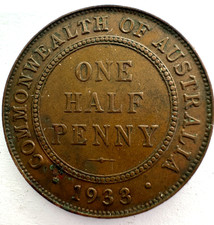 1933 George V Australia Half 1/2 Penny Coin, 25.5mm, Bronze, VF Very Fine