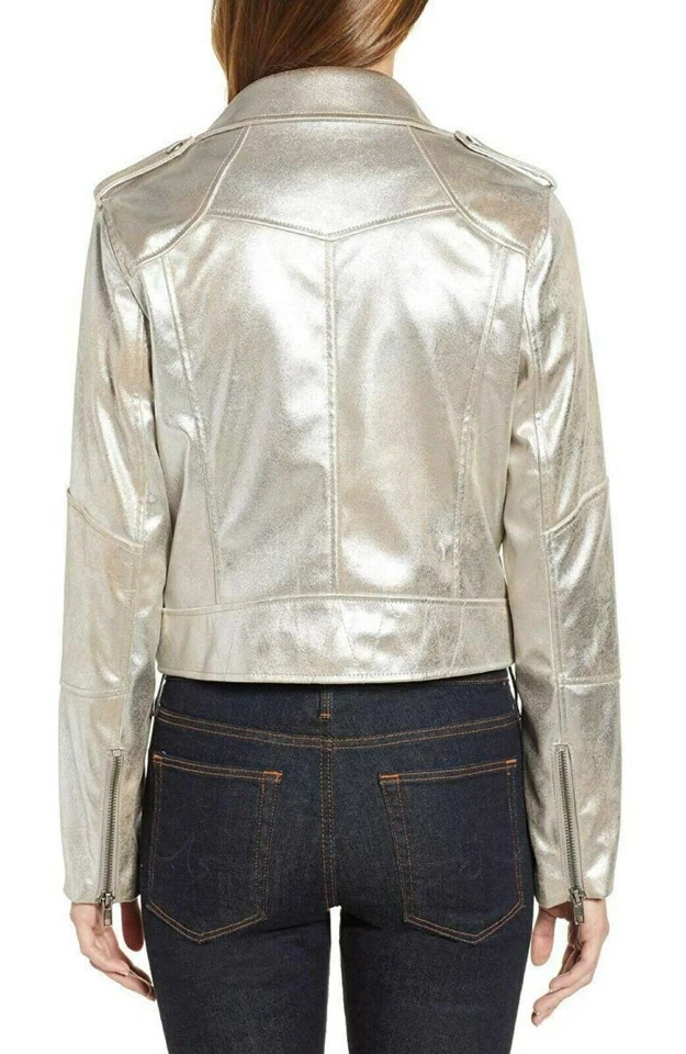 NUEVA Chaqueta Plateada Motocicleta Fiesta Cuero Genuino Mujer Hecha a Mano Piel de Cordero Foto 3 de 4