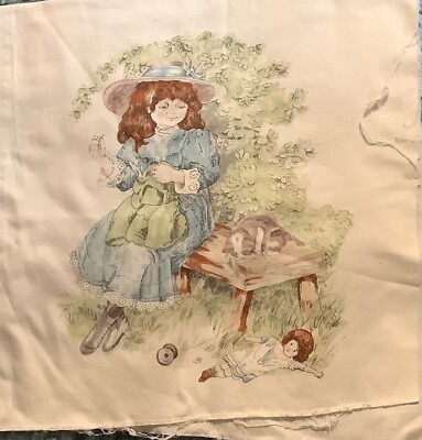 Vintage pillow panel of girl with cat & doll, by Daisy Kingdom