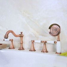 Antique Red Copper Deck Mounted 5 Holes Bathtub Faucet Set W/ Hand Shower stf211