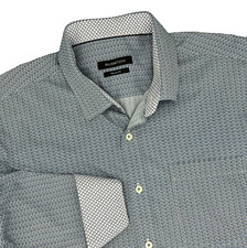 BUGATCHI Mens L/S Shirt Classic Fit Nylon Blend Blue Pattern w/Flip Cuff Size L
