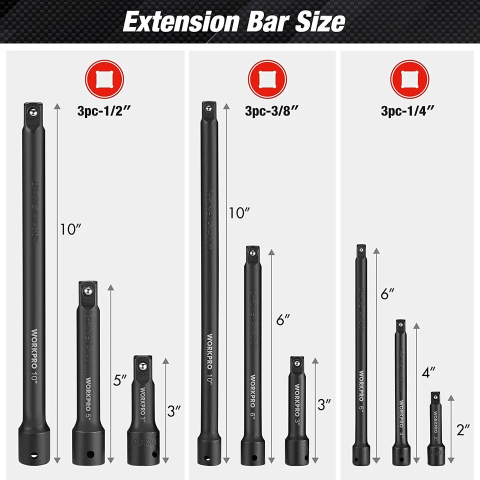 WORKPRO 9 PC Impact Driver Extension Bar Set 1/4"3/8"&1/2"Drive Socket Extension - Image 2 of 4