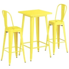 24" Square Yellow Metal Restaurant Bar Table Set with 2 Cafe Barstool For Outdoo