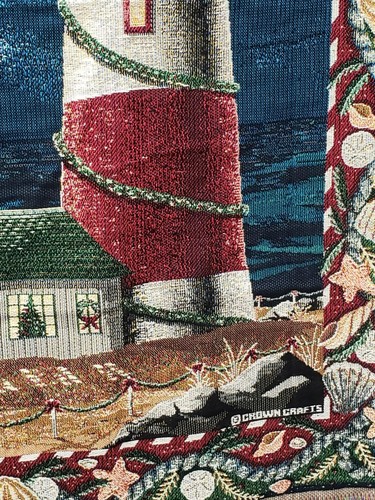 Weihnachten Leuchtturm gewebt Wandteppich Überwurf Krone Handwerk 58" x 48" Küste Urlaub - Bild 4 von 8