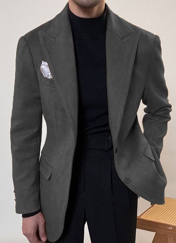 Suede Fashion Men's Suits Peak Lapel Business Tuxedos Wedding Groom Prom Blazer - Picture 9 of 28