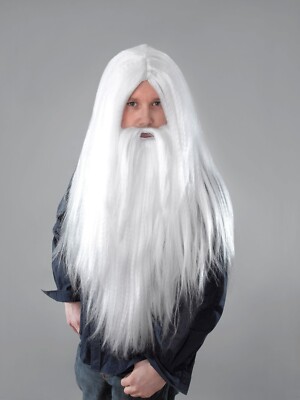 Lange Zauberer Perücke & Bart weiß Halloween Gandalf Merlin Kostüm Zubehör