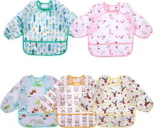 5 Pack Long Sleeve Baby Bibs, Waterproof Sleeved Bib, Toddler Soft Bib for 6-36 