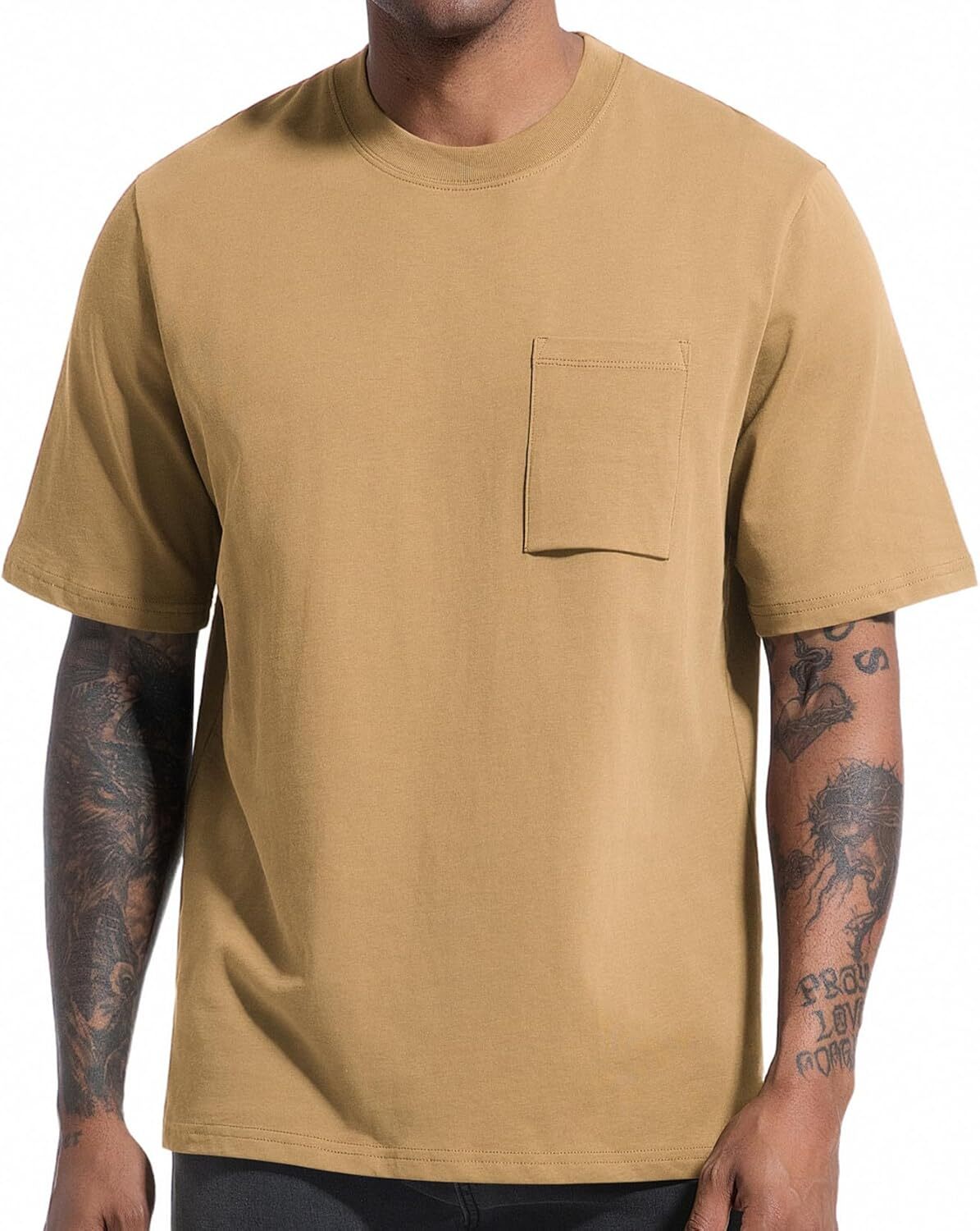 Mens Loose Fit Heavyweight Short Sleeve Pocket T-Shirt 100% Cotton Crew Neck