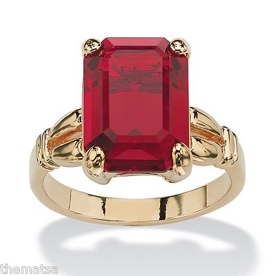WOMENS 14K GOLD PLATED BIRTHSTONE RUBY EMERALD CUT RING  SIZE 5 6 7 8 9 10 