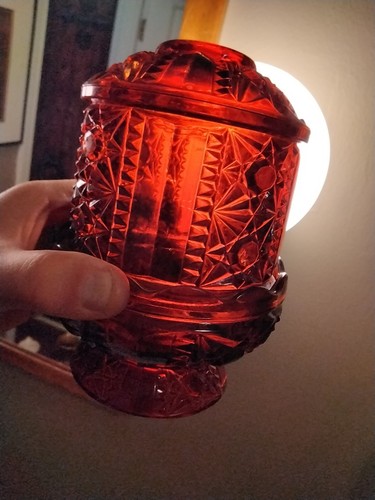 Vintage Ruby Red Flash Indiana Glass Stars and Bars Fairy Candle Lamp Light 7'' - Picture 7 of 7