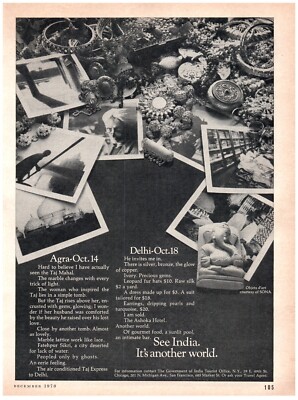 1970 India Tourist Office Print Ad, Travel Journal Agra Delhi Objets d'art SONA