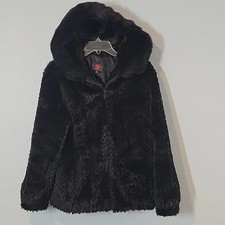 Gallery Black Faux Fur Plush Hooded Coat Jacket Women's Size Small 4-6