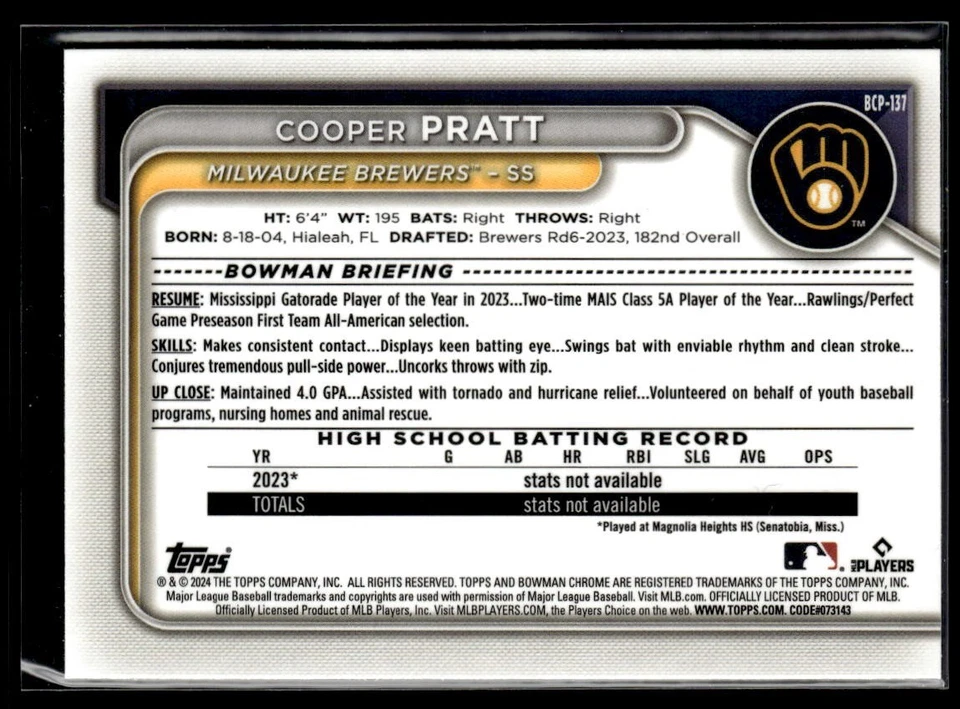2024 Topps Chrome Bowman #BCP-137 Cooper Pratt - Image 2 of 2