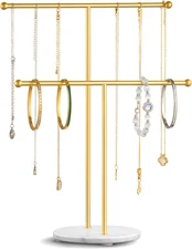2-Tier Necklace Holder Stand | Jewelry Organizer Tree w/ Marble Base Gold