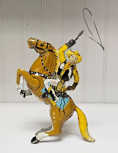 Vintage  Marx Tin Wind-Up Toy Roping Rodeo Cowboy Riding Horse Toy