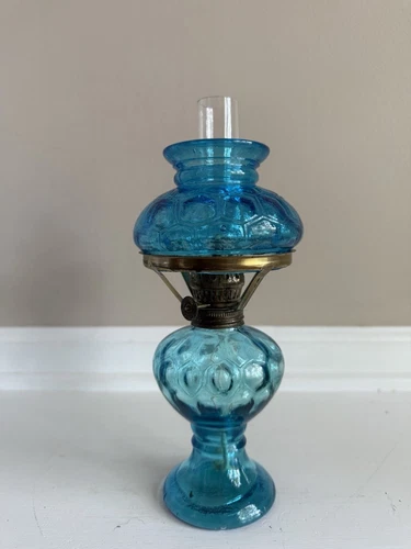 Vintage Aqua Blue Glass Miniature Hurricane Parlor Oil Lamp 10”