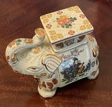 Vintage Satsuma Porcelain Elephant Decorative Plant Stand With Asian Design