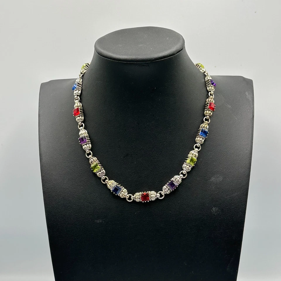 Silver Tone Colorful Square Stone Link Necklace Beaded Metal Detail 14.5 Inch - Image 4 of 4