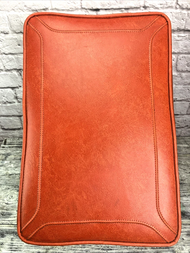Vintage Retro MCM Orange Vinyl Footstool Bench Wood Legs 21”x12.5”x12.5” - Image 2 of 4
