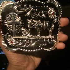 Western Americana Ornate Silver Tone Belt Buckle Horse  Cross Design