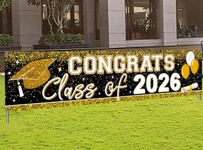 Large Congrats Grad Banner Gold Class of 2026 Banner Backdrop Graduation 2026...