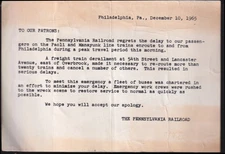 Pennsylvania RR Notice to Patrons: 54th St train derailed Paoli-Manayunk 1965