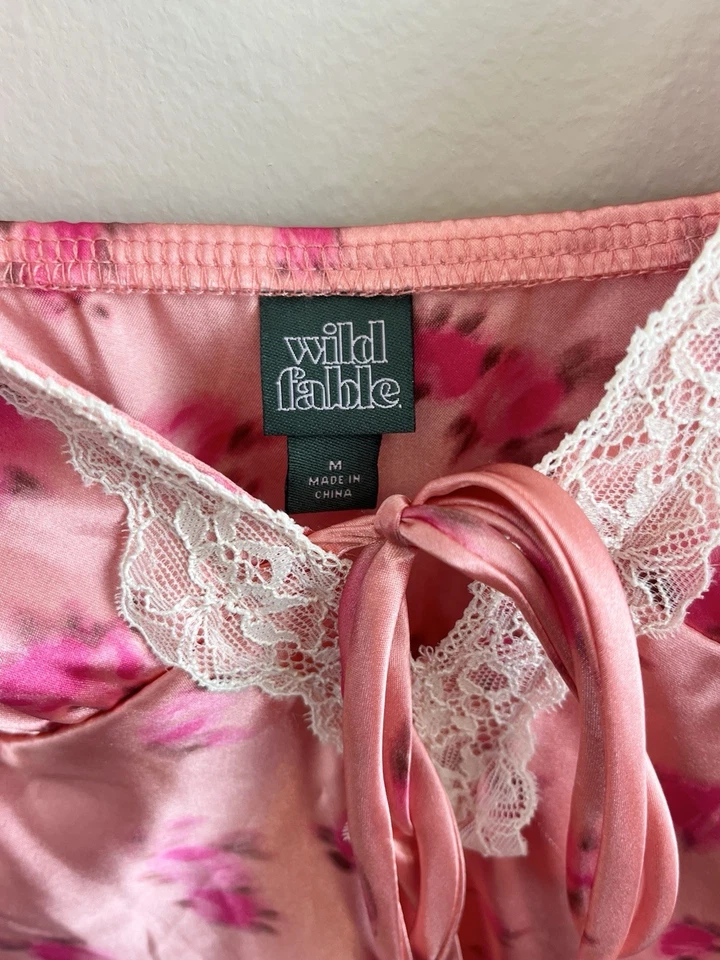 Wild Fable Women’s Satin Slip Dress Maxi Babydoll Pink Floral Sz Medium - Image 2 of 4