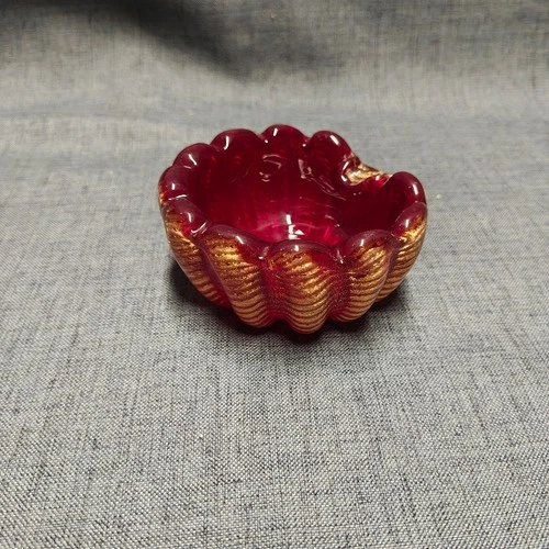 Vintage Murano Style Red Gold Aventurine Art Glass Bowl Scalloped Trinket Dish