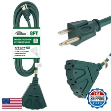 HONDERSON 3-Outlet Outdoor/Indoor Extension Cord, UL Listed, 16 Gauge, 8 FT