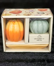 Potter's Studio Orange Blue Teal Pumpkin Salt Pepper Set w Tray 2.5" Thanksgivin