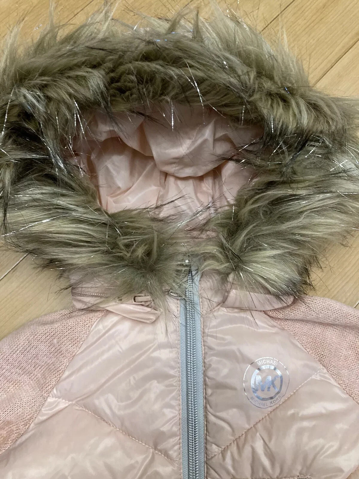 Cappotto rosa bambina Michael Kors taglia 2 anni finiture in pelliccia cappuccio imbottito maniche a maglia