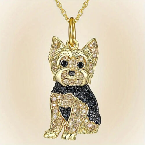 Schöner goldener Yorkshire Terrier Anhänger mit Strass an passender Halskette - Bild 1 von 8