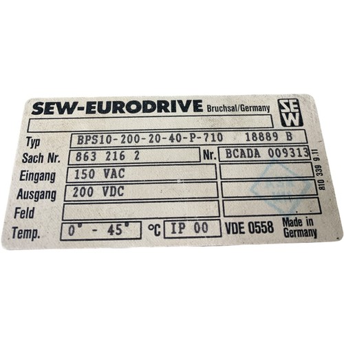 SEW Eurodrive BPS10-200-20-40-P-710 Bloc Alimentation 18889 B - Photo 2 sur 4