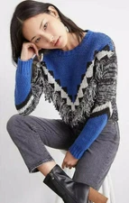 NWT Anthropologie Fringed Color Block Knit Sweater Top SZ M $128 Blue Multi Gift