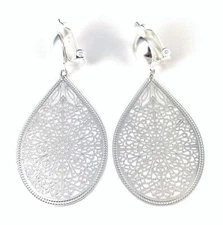Silver Clip On earrings filigree teardrop pendant clips lightweight 2.5" long