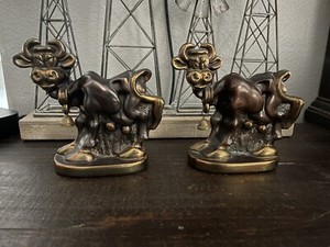 Pair Vintage 1930s Dodge INC Western Bookends Cartoon Cow Bronzed Metal Org Bell