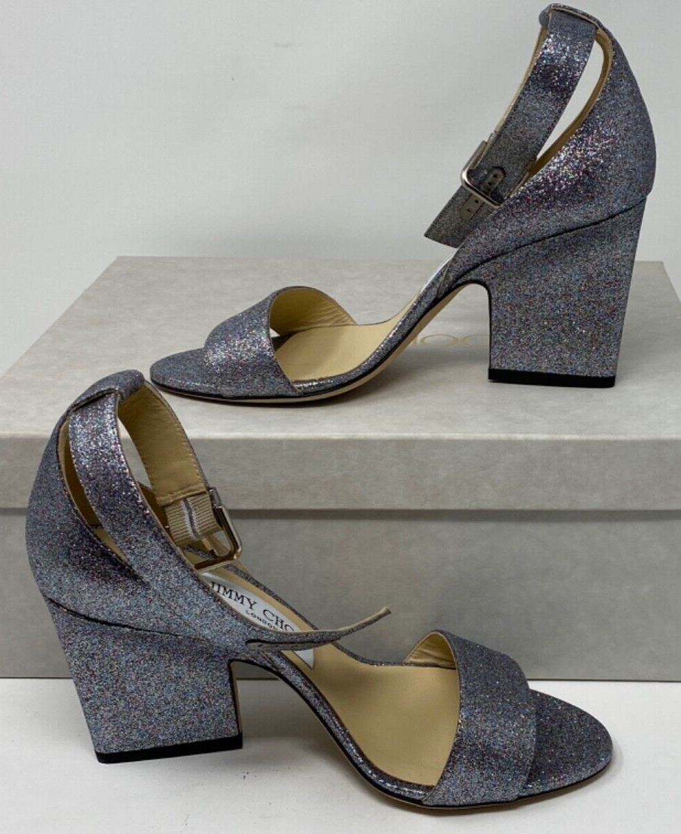 Jimmy Choo Edina 85 Silver Glitter Multi Ankle Strap Sandals Heels