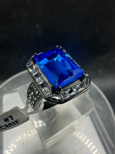 Sapphire emerald cut ring blue light black cz cocktail 7 carat womens - Picture 7 of 12