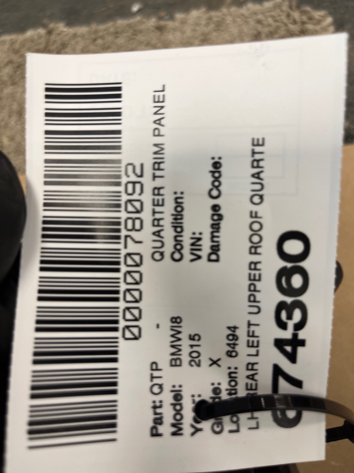 2014-2020 BMW I8 OEM REAR LEFT UPPER ROOF QUARTER TRIM PANEL SOPHISTO GRAY C22