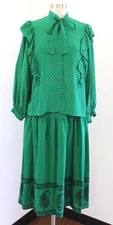 Vtg Miss O Oscar De La Renta Green Silk Polka Dot Skirt & Blouse 2 Pc Set Sz 10