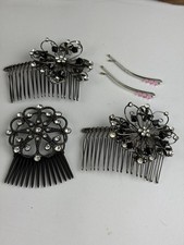 Hair comb Vtg Art Deco Victorian Inspired Black Clear Rhinestone Pink Bobby Pins