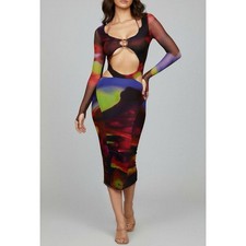 NWT HOUSE OF CB Marina Mesh Bodycon Dress, Black Orchid Print, XS